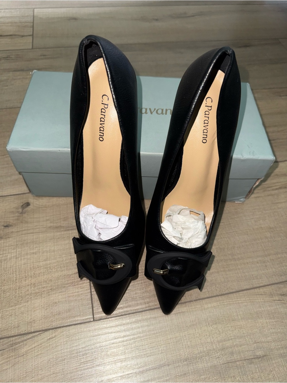 C. Paravamo Black Pointed Toe Pumps with Decorative Buckle BNWT